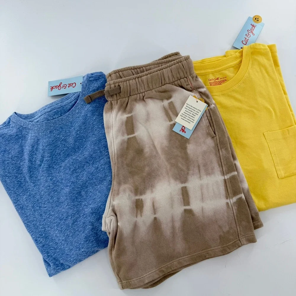 Cat & Jack Shirt Shorts Set 3pc‎ Casual Bundle Kids XXL 16/18 Blue Yellow Tan